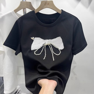 Camiseta Corta Blanca para Mujer, Estilo Dulce, Manga Corta, Cuello Redondo, 100% Algodón, Ecológica, Transpirable, Primavera Verano - Product Image 2