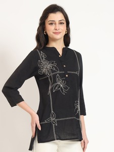 Top de bureau noir pour femme Top régulier Crochet Lace Floral Office Wear Cotton Ladies Shirt Button Front Open Modest Top Summer - Product Image 2