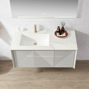 Meuble-lavabo mural personnalisé en contreplaqué gris <span class=keywords><strong>Paris</strong></span> avec plan de travail en pierre pour salle de bain - Product Image 4