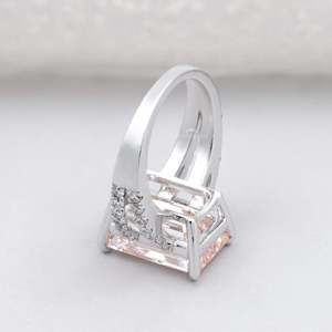 IGI Certified Emerald Cut Morganite Engagement <b>Ring</b> with Round Diamond VS Clarity <b>Split</b> Shank Statement Style Rhodium Plated - Product Image 5