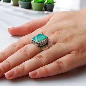 Bague fine en argent sterling 925 de créateur, faite à la main, avec incrustation de chalcédoine aqua naturelle à facettes, style bohème pour femme - Product Image 5