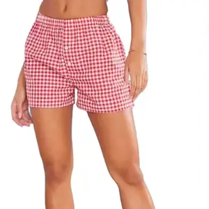 Neuzugang Sommer Plattenshorts elastische Taille lockere Damen Überprüfung bedruckt Knopf Front Baumwollshorts in Top-Qualität Shorts