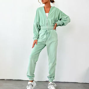 El mejor conjunto deportivo de primavera personalizado para mujer, Sudadera con capucha cortada con cremallera en blanco, en la cintura con cordón Pantalones deportivos, conjunto de 2 piezas para mujer - Product Image 3