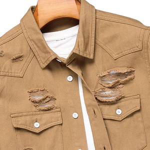 Chemise en jean kaki déchiré pour homme, manches courtes, boutonnée, style streetwear décontracté, 100 % coton sergé, haut léger tendance été - Product Image 3