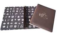 Couverture de menu en cuir PU durable avec logo personnalisé imprimé en feuille d'or, certifiée ISO, plaquée nickel, pour hôtels et restaurants