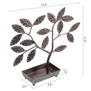 Support de rangement pour bijoux en métal en forme d'arbre avec motif de feuilles, porte-boucles d'oreilles et plateau, présentoir de bureau pour la décoration de la maison, 12x12,5x3,5 pouces - Product Image 5