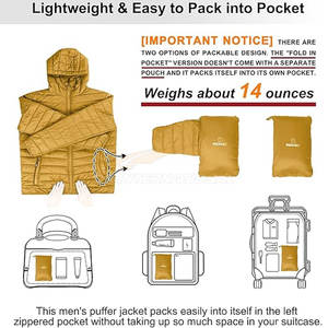 Veste compressible isolée pour hommes, manteau d'hiver léger et gonflé à capuche, poignets élastiques, poches zippées, marque OEM, approvisionnement en gros - Product Image 2