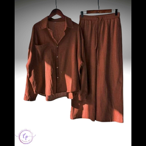 Ensemble coordonné 2 pièces en mélange de coton pour femme 2025 – Chemise coupe classique et pantalon large boutonné, écologique et respirant - Product Image 3