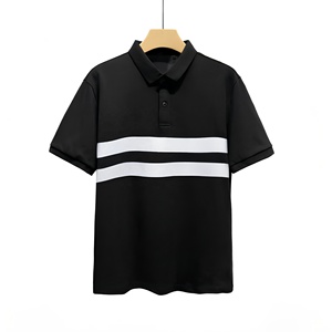 Polo à manches courtes noir pour homme avec blocs de couleur rayés blancs, design tricoté décontracté - Product Image 1