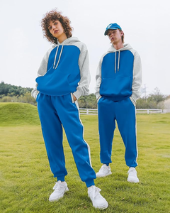 Men's Blue Gray Color Blocking Hoodie Sweatpants <b>Set</b> Casual Fleece Tracksuit Autumn Wear - Product Image 4