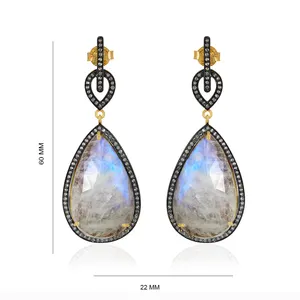 Moonstone Gemstone 925 Sterling Silver Pave Diamond Pearl Drop Dangle Earrings Women Jewelry Wholesale