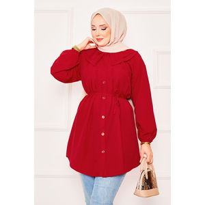 Red Modest <b>Tops</b> Double Collar Hijab Shirt with Drawstring Waist Versatile Clothing Accessory - Product Image 2