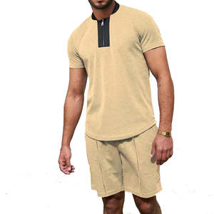 Vêtements de sport de gymnastique respirants en coton personnalisables pour hommes T-shirt zippé et short ensemble deux pièces vêtements d'été confortables Style décontracté - Product Image 4