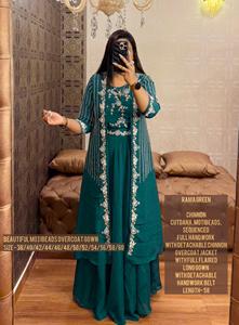 Tallas grandes indio étnico Chinnon largo Kurti Palazzo Dupatta traje mujer boda Festival Pooja trabajo hecho a mano vestido de novia tradicional - Product Image 5