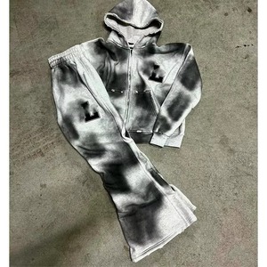 Dirty Acid Wash <b>Zip</b> <b>up</b> <b>Cropped</b> Stacked Thick Oversized Baggy Embroidery Patch French Terry Hoodie Set Custom Tracksuit OEM Trend - Product Image 1