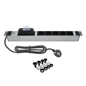 PDU en aluminium 1U de 19 pouces pour montage en rack, 5 prises Schuko avec couvercle de sécurité, disjoncteur 16A - Product Image 1