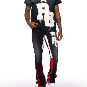 Ensemble t-shirt et pantalon pour homme en coton décontracté avec broderie usée, imprimé graphique noir, étoile et numéro, streetwear deux pièces - Product Image 6