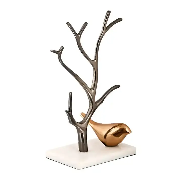 Figure de sculpture abstraite en métal avec base en marbre Sculpture décorative d'arbre et d'oiseau en métal de grande qualité pour la décoration de table M