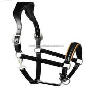 Licou de cheval en cuir anatomique noir robuste de haute qualité avec rembourrage doux de luxe cousu et accessoires en laiton nickel - Product Image 1