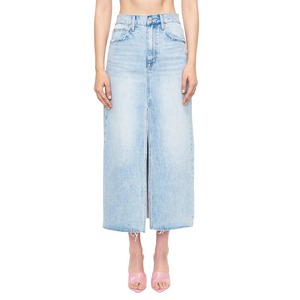 Jupe en jean 100% coton taille haute jupe décontractée mi-longue bouton fente irrégulière lavé mode jupes en jean pour femmes vente en gros - Product Image 1