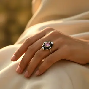 Anillo de Plata 925 con Gema Rosa para Mujer, Joyería Religiosa Moderna Hecha a Mano, Chapado en Oro, Talla Única, Marca Privada con Licencia 'IS' - Product Image 3