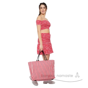 Sac fourre-tout à glissière en toile à rayures rouges et blanches motif audacieux accessoire de mode de plage en gros | quantité minimale de commande bas | Utilisation quotidienne - Product Image 1