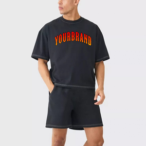 OEM/ODM oversized two pcs <b>t</b>-<b>shirt</b> & short set solid <b>black</b> colour comfortable plus size custom printed logo men's jogging set - Product Image 6