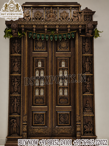 Compre una Puerta de Templo Hindú Hecha a Mano de Primera Calidad con Acabado Dorado Antiguo a un Precio Accesible, Marco de Puerta de Madera Maciza Hecho a Mano para Pooja - Product Image 2