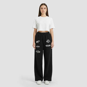 Pantalon de sport noir en tissu éponge respirant, taille haute, coupe large, avec broderie décorative - Product Image 4