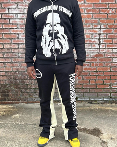 Custom Cotton Raw Hem Hoodies and <b>Flared</b> Stacked Sweatpants Two Piece Tracksuit Set Screen Print Unisex Sweatsuit Men - Product Image 3