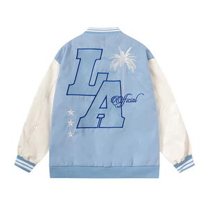 Chaqueta universitaria de estilo béisbol de calle alta Unisex cuello alto bordado Casual suelto Patchwork abrigos de lona de cuero para hombre - Product Image 5