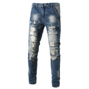 Pantalon en jean déchiré slim extensible sur mesure pour homme, streetwear, coton respirant, élasthanne, décontracté, uni, délavé - Product Image 1