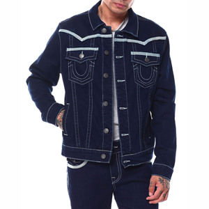 AeeDenim Diseñadores personalizados Chaqueta de hombre Azul oscuro Lavado Rasgado Flatlock y Contraste Stitch Vintage Chaqueta de mezclilla para hombres - Product Image 1