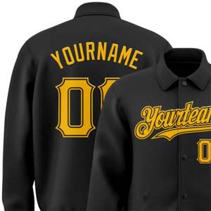 OEM de fabricación personalizada Negro Oro Bomber Full-Snap Varsity Letterman Solapa Collar Byron Chaqueta - Product Image 5