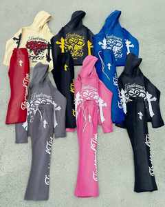 High Quality Distressed <b>Applique</b> Embroidery 500GSM Cotton Pullover Hoodie and Sweatpants Set Custom Luxury Tracksuits for Men - Product Image 4