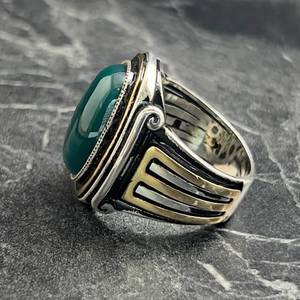 <b>Silver</b> Oval Green Agate Gemstone Men's <b>Ring</b> Handmade 925K Sterling <b>Silver</b> Greek Columns Motif 18K Plating Genuine Agate Stone - Product Image 4