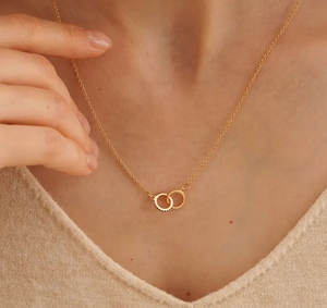 Collier vintage délicat en laiton plaqué or avec pendentif double cercle en pierre rose, bijoux pour fiançailles, mariage, fête, IGI - Product Image 4