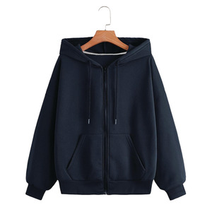 Bleu marine surdimensionné unisexe coton polaire sweat femme sweat à capuche zippé poche kangourou plaine Streetwear veste vêtements d'hiver - Product Image 1