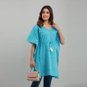 Leheriya Print Cotton Kaftan Cocktail Dress in <b>Light</b> Blue (SHKUP1224) - Product Image 6