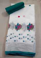 Blanc pur lin flammé Saree broderie à la main miroir inde travail lourd glands contraste Blouse correspondant aux fêtes indiennes