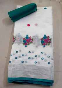 Blanco puro Lino Slub Sari bordado a mano espejo India trabajo pesado borlas contraste blusa a juego festivales indios fiestas - Product Image 5