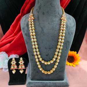 Small Kundan Double Layer <b>Long</b> <b>Necklace</b> Set Modern Twist On Traditional Indian Jewelry Perfect Choice For Bridesmaids, Events - Product Image 2