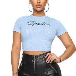 Baby Blue Ribbed Short Sleeve Top Tee Women Sexy Slogan Printed Crop Tee Cotton Spandex T Shirts