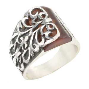Anillo de Plata de Ley 925 para Hombre, Color Negro, con Forma de Planta, Bisel Rectangular con Piedra de Ámbar Prensada, Diseño de Mano, Talla Única, Regalo - Product Image 1