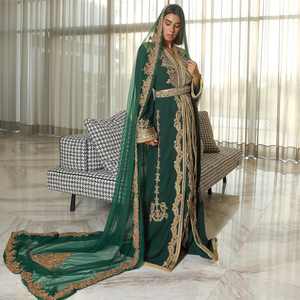 Seda verde oscuro marroquí hecha a mano con cuentas de piedra dorada ropa musulmana tradicional transpirable con nuevo diseño informal - Product Image 2