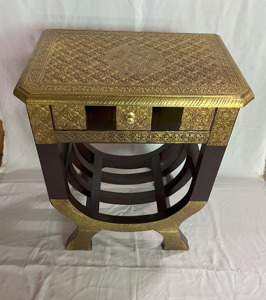 Traditional Wooden Nightstand With Gold Inlay Brass Fitted And Single Drawer Bedroom Furniture Decorative Side Table Nighstand - Product Image 4