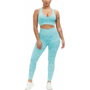 Ensemble de sport 2 pièces pour femmes, respirant, pour l'été, yoga, fitness, avec soutien-gorge de sport sans dos et short côtelé contrasté, vêtements de sport actifs pour la salle de sport - Product Image 1