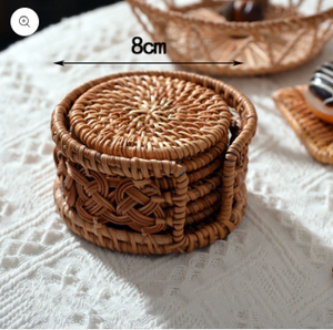 Ensemble de sous-verres en rotin carré rond traditionnel de style classique 6 pièces comprenant une boîte pour tasses bols à des fins décoratives - Product Image 2