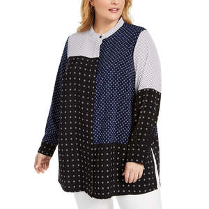 เสื้อทูนิคพิมพ์ลายผสมไซส์ใหญ่พิเศษสำหรับผู้หญิงของอัลฟานี เสื้อสายเดี่ยวสีดำประดับกระดุม ผ้าทอ - Product Image 1