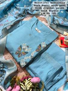 Fancy Evergreen Designer Outfit Viscose Kurti Pant Trabajo hecho a mano con Dupatta Compras en línea India a precio barato para la venta - Product Image 3